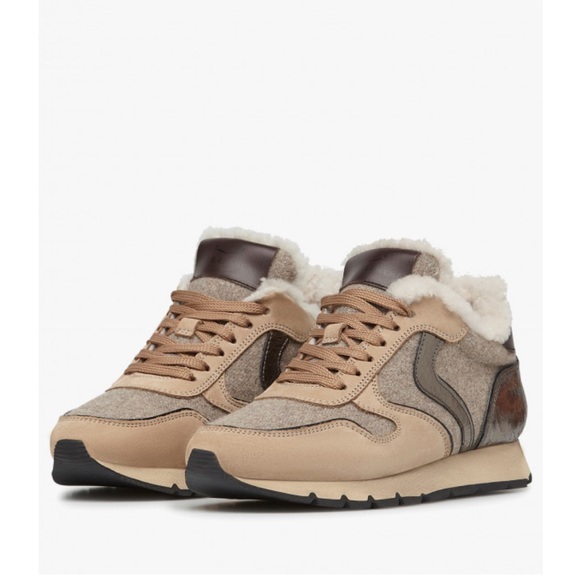 NWT VOILE BLANCHE JULIA Fur Leather And Fabric Sneakers in Beige - Picture 1 of 16